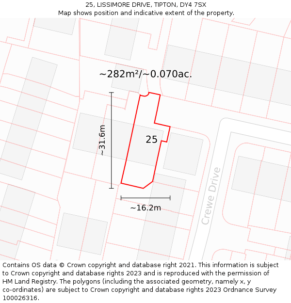 25, LISSIMORE DRIVE, TIPTON, DY4 7SX: Plot and title map