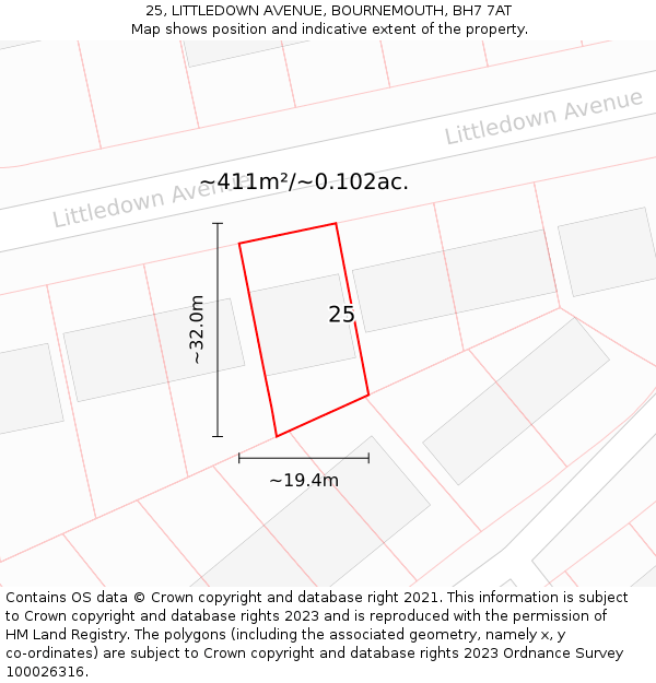 25, LITTLEDOWN AVENUE, BOURNEMOUTH, BH7 7AT: Plot and title map