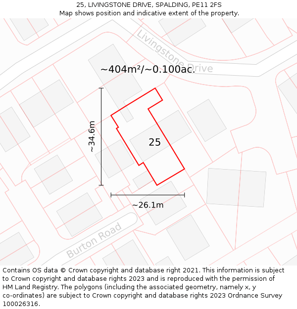 25, LIVINGSTONE DRIVE, SPALDING, PE11 2FS: Plot and title map