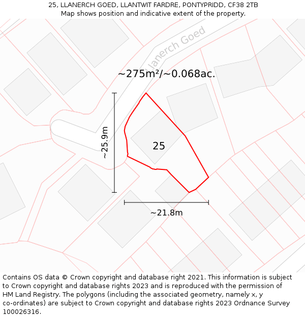 25, LLANERCH GOED, LLANTWIT FARDRE, PONTYPRIDD, CF38 2TB: Plot and title map