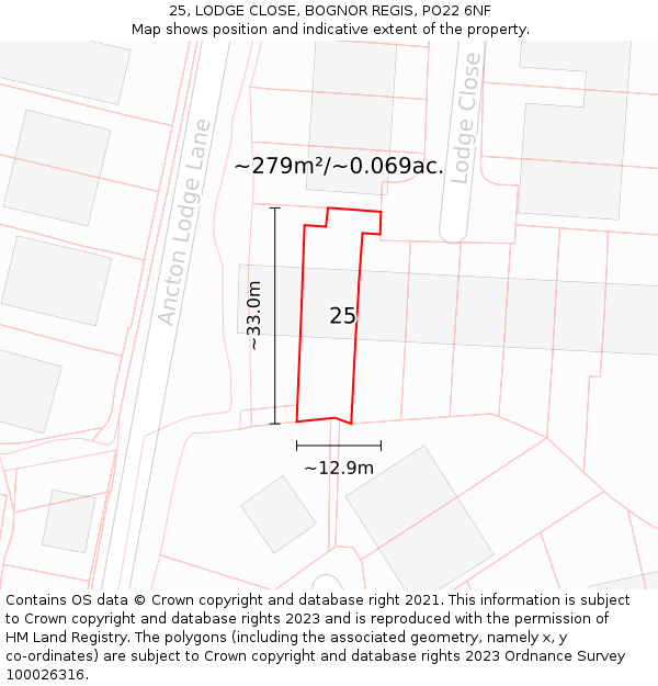 25, LODGE CLOSE, BOGNOR REGIS, PO22 6NF: Plot and title map