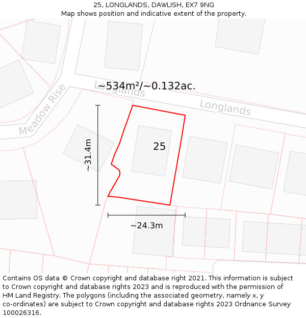 25, LONGLANDS, DAWLISH, EX7 9NG: Plot and title map