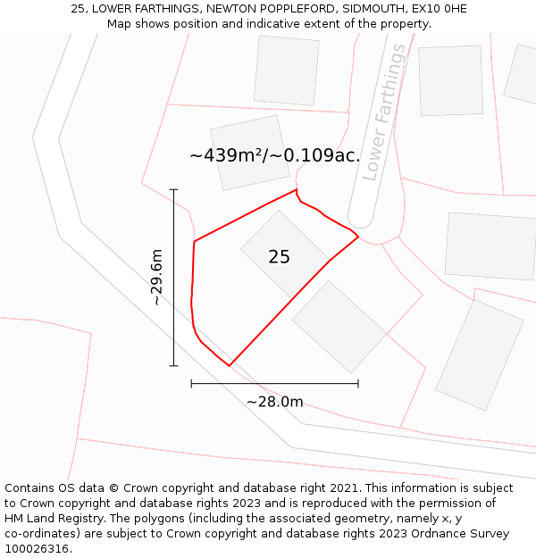 25, LOWER FARTHINGS, NEWTON POPPLEFORD, SIDMOUTH, EX10 0HE: Plot and title map