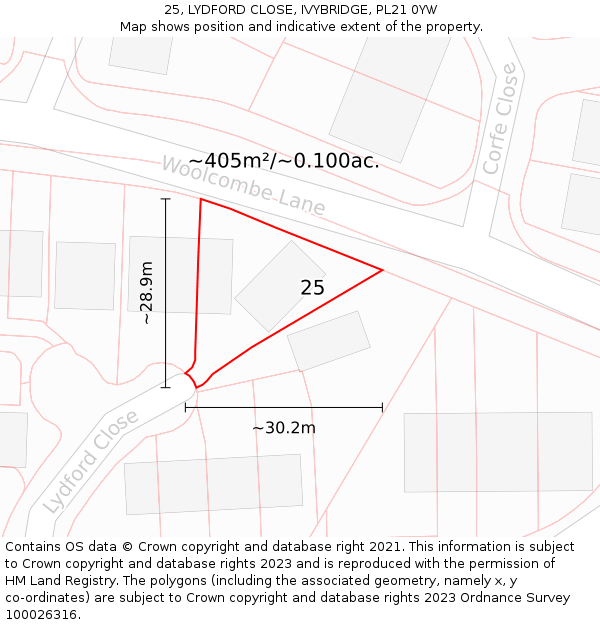 25, LYDFORD CLOSE, IVYBRIDGE, PL21 0YW: Plot and title map