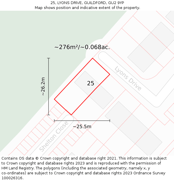 25, LYONS DRIVE, GUILDFORD, GU2 9YP: Plot and title map