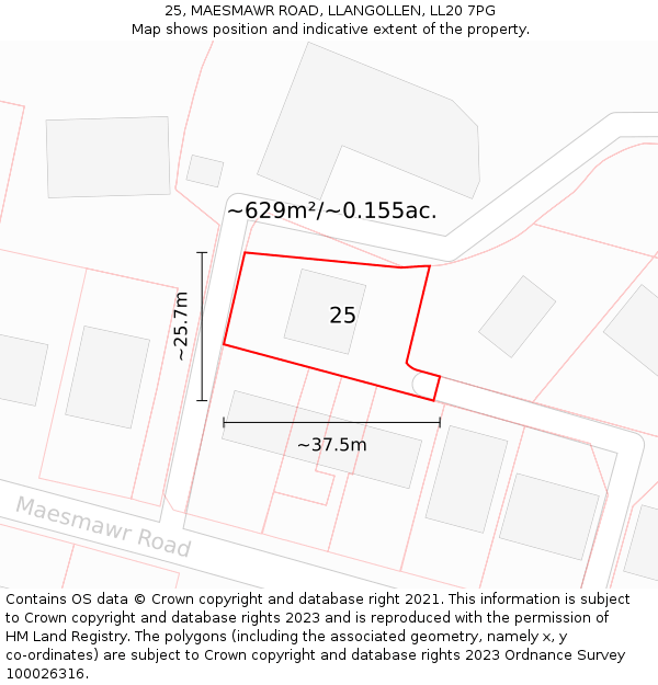 25, MAESMAWR ROAD, LLANGOLLEN, LL20 7PG: Plot and title map