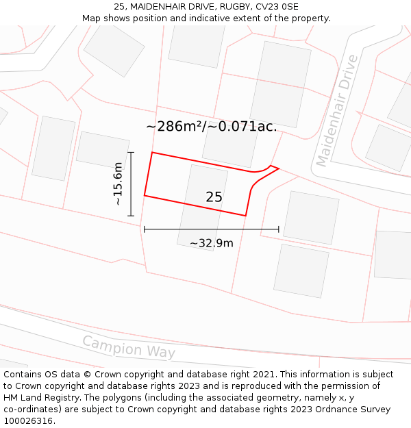 25, MAIDENHAIR DRIVE, RUGBY, CV23 0SE: Plot and title map