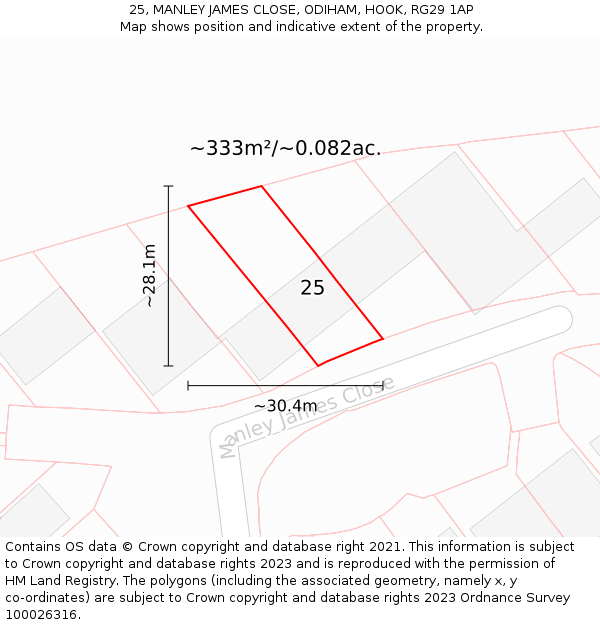25, MANLEY JAMES CLOSE, ODIHAM, HOOK, RG29 1AP: Plot and title map