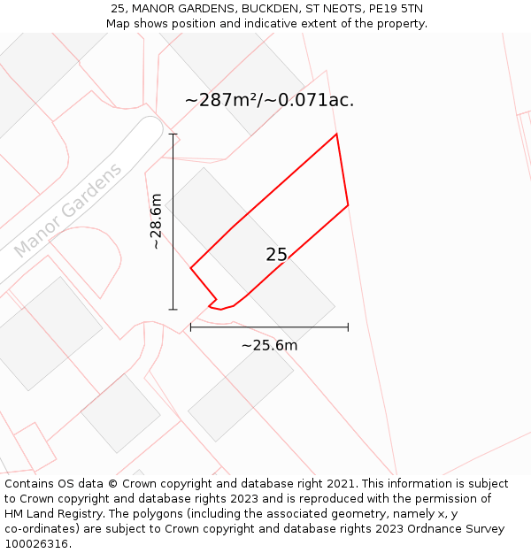 25, MANOR GARDENS, BUCKDEN, ST NEOTS, PE19 5TN: Plot and title map