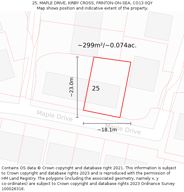 25, MAPLE DRIVE, KIRBY CROSS, FRINTON-ON-SEA, CO13 0QY: Plot and title map