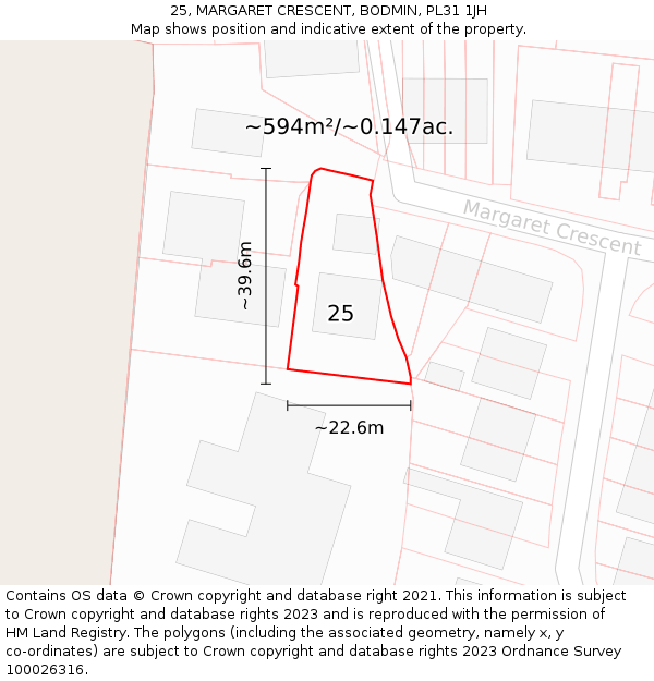 25, MARGARET CRESCENT, BODMIN, PL31 1JH: Plot and title map