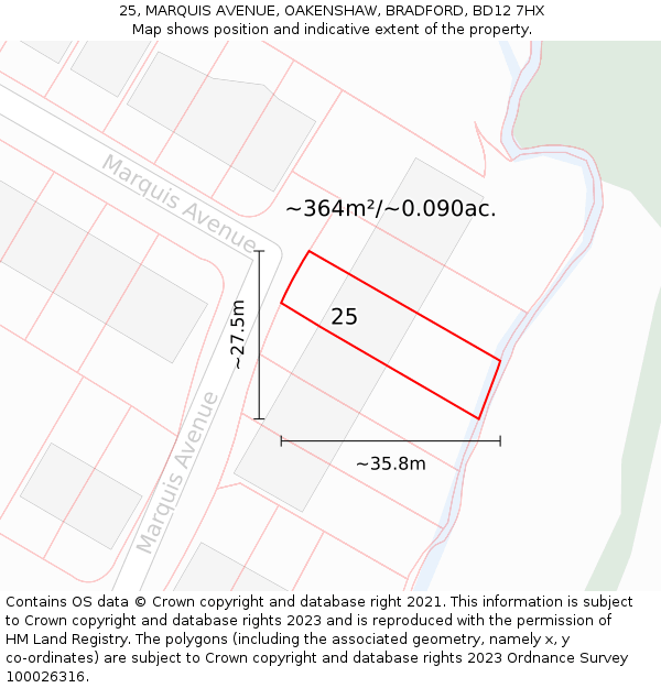 25, MARQUIS AVENUE, OAKENSHAW, BRADFORD, BD12 7HX: Plot and title map