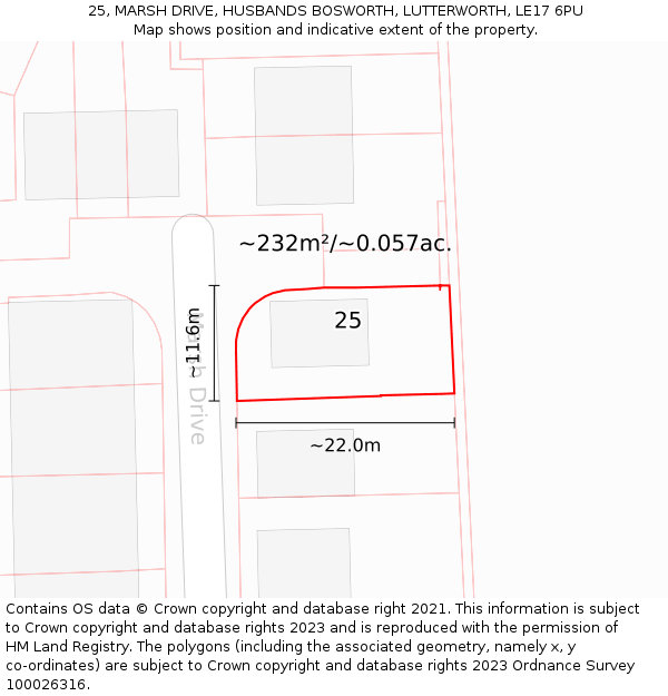 25, MARSH DRIVE, HUSBANDS BOSWORTH, LUTTERWORTH, LE17 6PU: Plot and title map