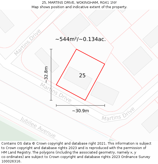 25, MARTINS DRIVE, WOKINGHAM, RG41 1NY: Plot and title map