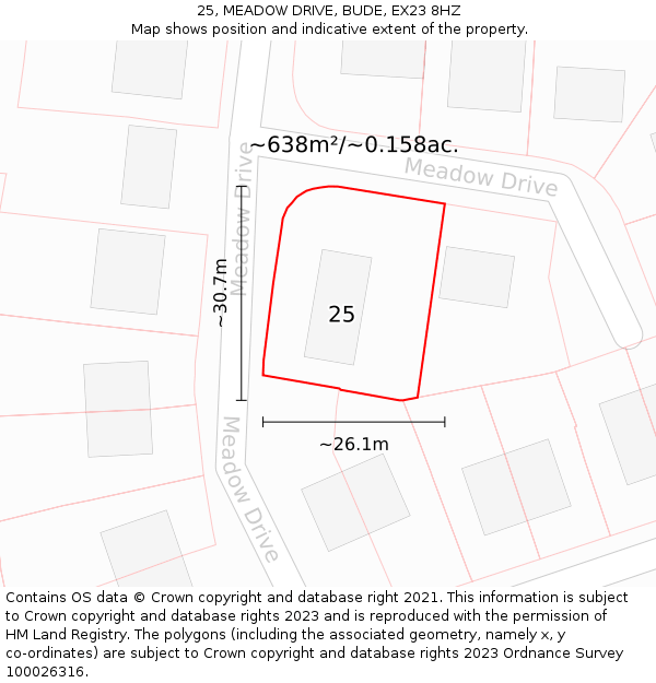 25, MEADOW DRIVE, BUDE, EX23 8HZ: Plot and title map