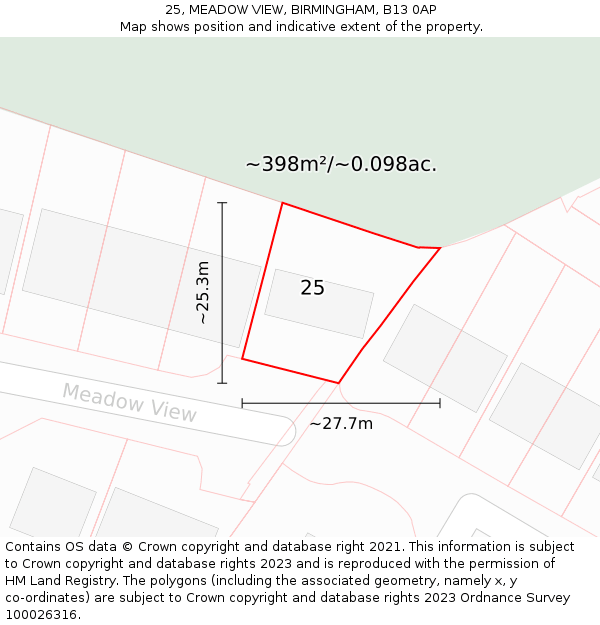 25, MEADOW VIEW, BIRMINGHAM, B13 0AP: Plot and title map