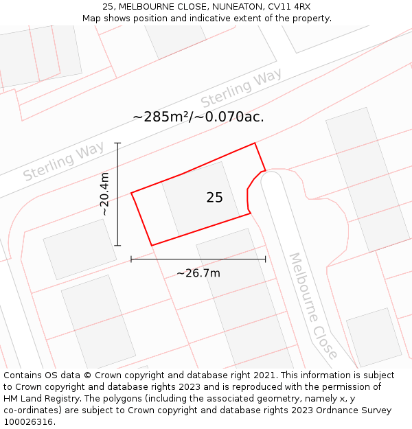 25, MELBOURNE CLOSE, NUNEATON, CV11 4RX: Plot and title map