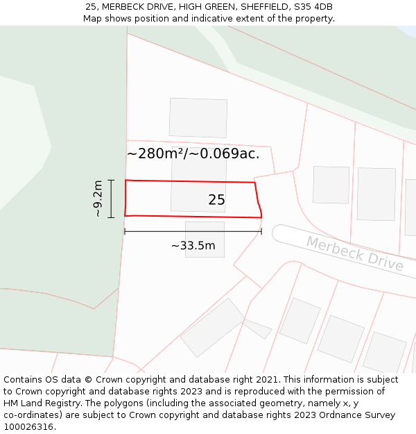 25, MERBECK DRIVE, HIGH GREEN, SHEFFIELD, S35 4DB: Plot and title map