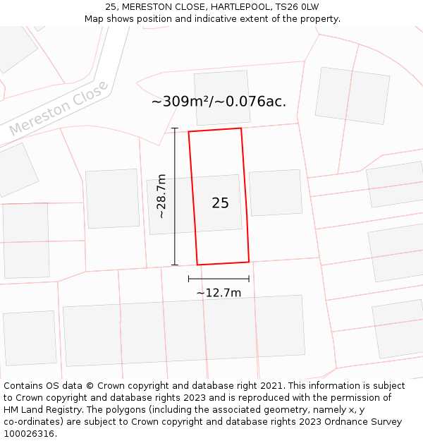 25, MERESTON CLOSE, HARTLEPOOL, TS26 0LW: Plot and title map
