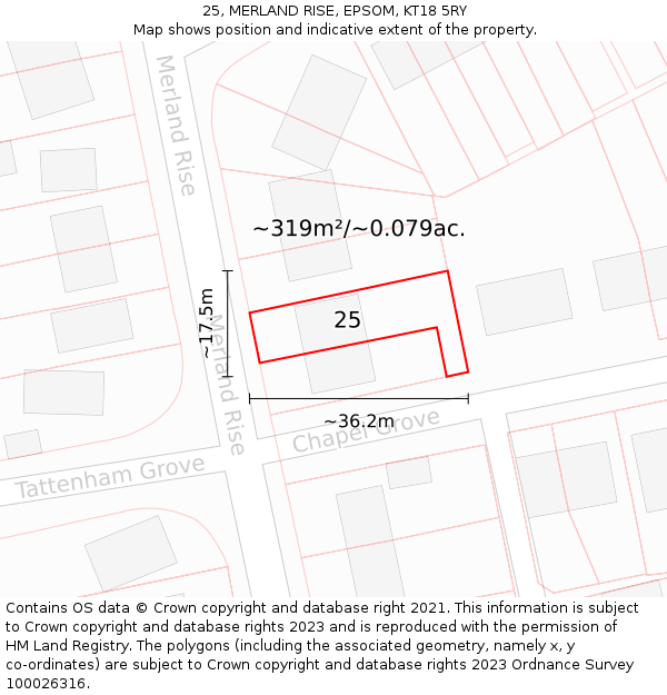 25, MERLAND RISE, EPSOM, KT18 5RY: Plot and title map