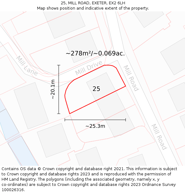 25, MILL ROAD, EXETER, EX2 6LH: Plot and title map