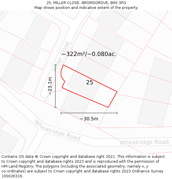 25, MILLER CLOSE, BROMSGROVE, B60 3PG: Plot and title map