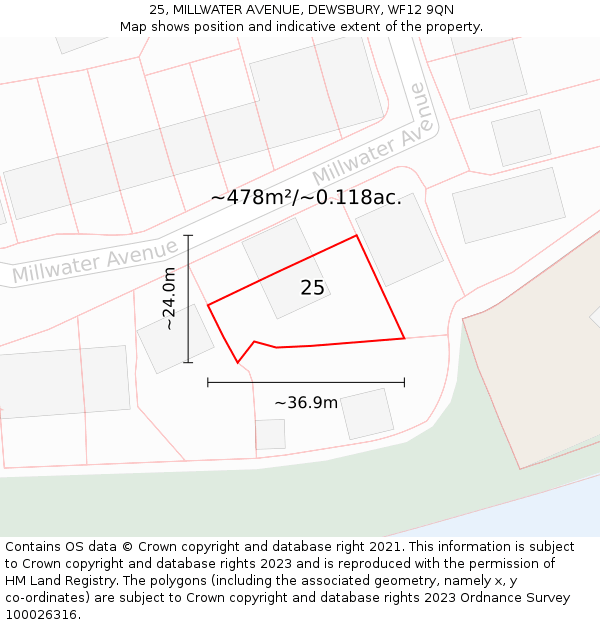 25, MILLWATER AVENUE, DEWSBURY, WF12 9QN: Plot and title map