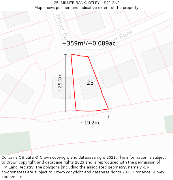 25, MILNER BANK, OTLEY, LS21 3NE: Plot and title map