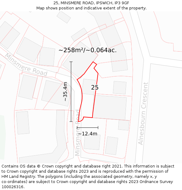 25, MINSMERE ROAD, IPSWICH, IP3 9GF: Plot and title map