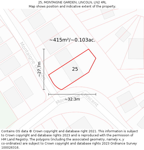 25, MONTAIGNE GARDEN, LINCOLN, LN2 4RL: Plot and title map
