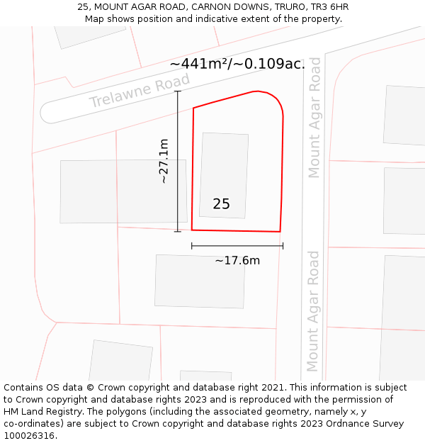 25, MOUNT AGAR ROAD, CARNON DOWNS, TRURO, TR3 6HR: Plot and title map