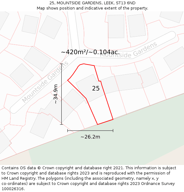 25, MOUNTSIDE GARDENS, LEEK, ST13 6ND: Plot and title map