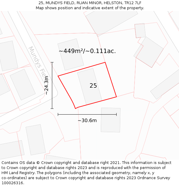 25, MUNDYS FIELD, RUAN MINOR, HELSTON, TR12 7LF: Plot and title map