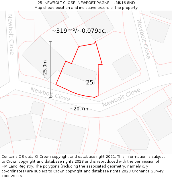 25, NEWBOLT CLOSE, NEWPORT PAGNELL, MK16 8ND: Plot and title map