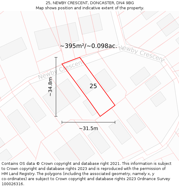 25, NEWBY CRESCENT, DONCASTER, DN4 9BG: Plot and title map