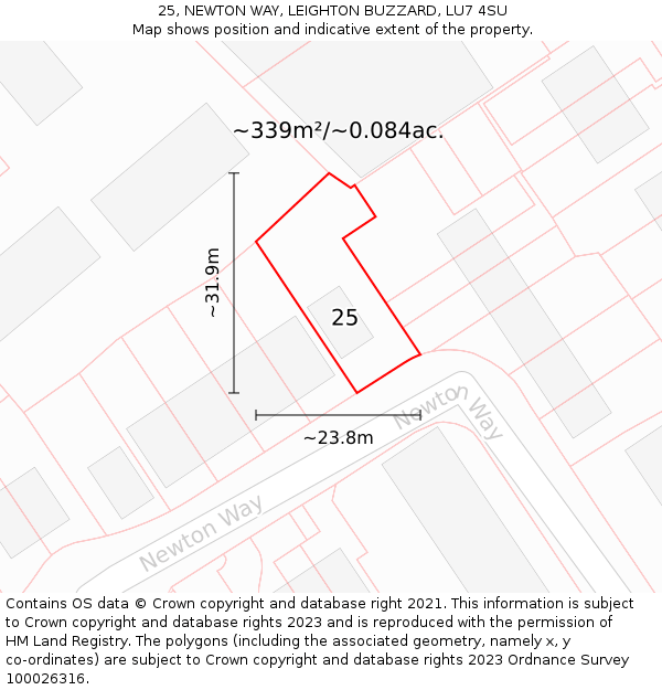 25, NEWTON WAY, LEIGHTON BUZZARD, LU7 4SU: Plot and title map