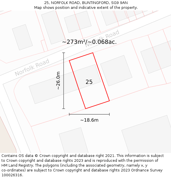 25, NORFOLK ROAD, BUNTINGFORD, SG9 9AN: Plot and title map