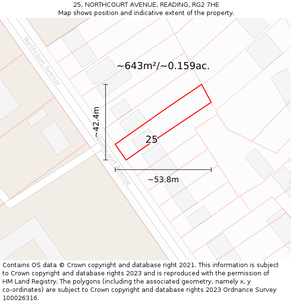 25, NORTHCOURT AVENUE, READING, RG2 7HE: Plot and title map
