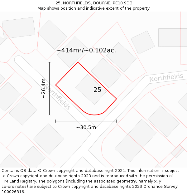 25, NORTHFIELDS, BOURNE, PE10 9DB: Plot and title map