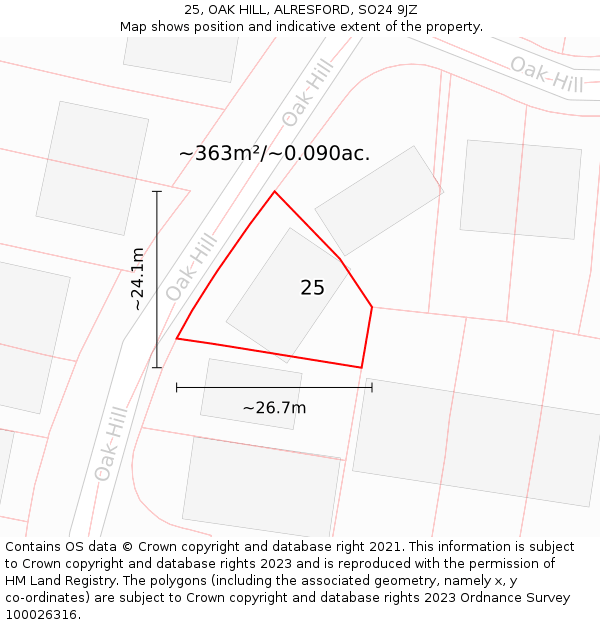 25, OAK HILL, ALRESFORD, SO24 9JZ: Plot and title map