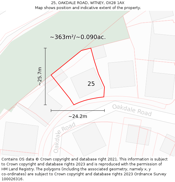 25, OAKDALE ROAD, WITNEY, OX28 1AX: Plot and title map
