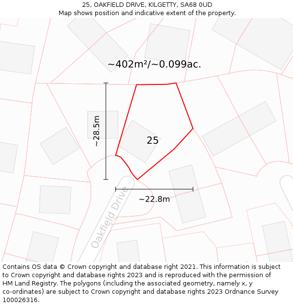 25, OAKFIELD DRIVE, KILGETTY, SA68 0UD: Plot and title map