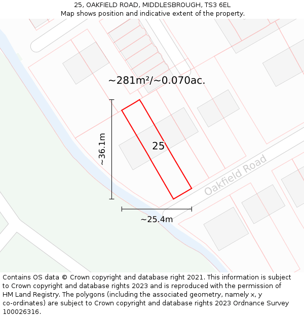 25, OAKFIELD ROAD, MIDDLESBROUGH, TS3 6EL: Plot and title map