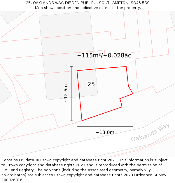 25, OAKLANDS WAY, DIBDEN PURLIEU, SOUTHAMPTON, SO45 5SS: Plot and title map