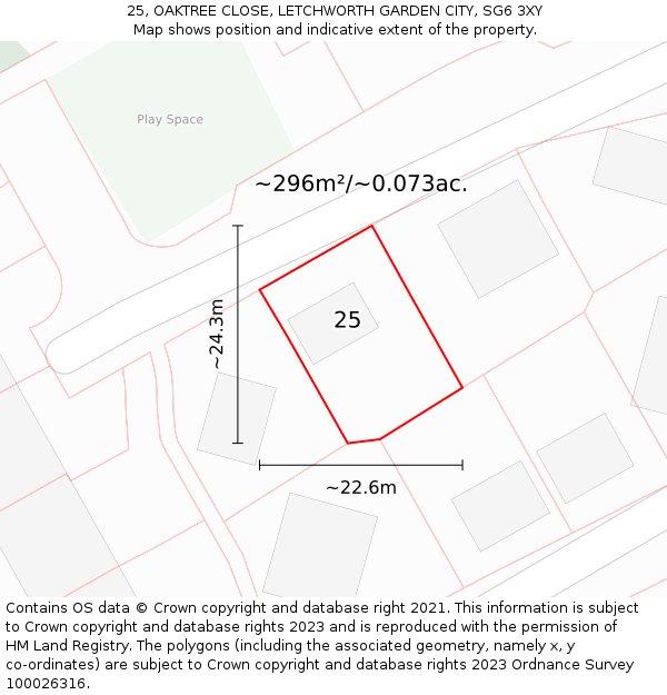 25, OAKTREE CLOSE, LETCHWORTH GARDEN CITY, SG6 3XY: Plot and title map