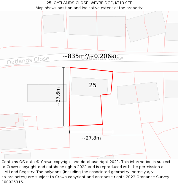 25, OATLANDS CLOSE, WEYBRIDGE, KT13 9EE: Plot and title map