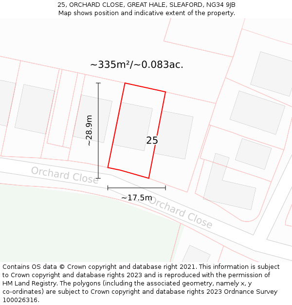 25, ORCHARD CLOSE, GREAT HALE, SLEAFORD, NG34 9JB: Plot and title map