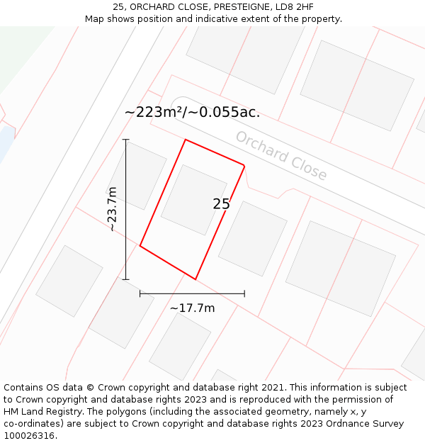 25, ORCHARD CLOSE, PRESTEIGNE, LD8 2HF: Plot and title map