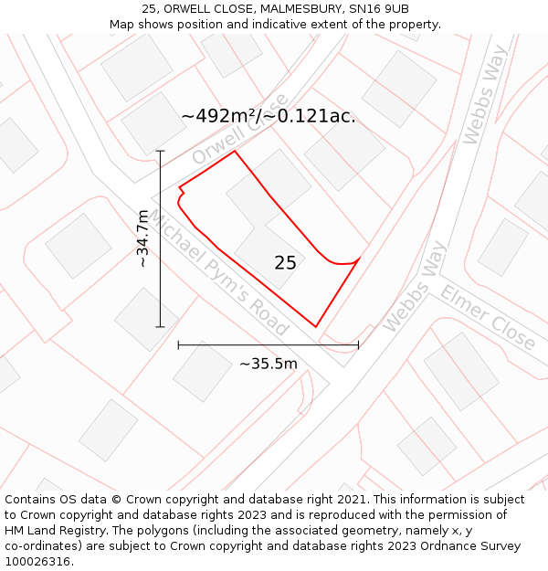 25, ORWELL CLOSE, MALMESBURY, SN16 9UB: Plot and title map