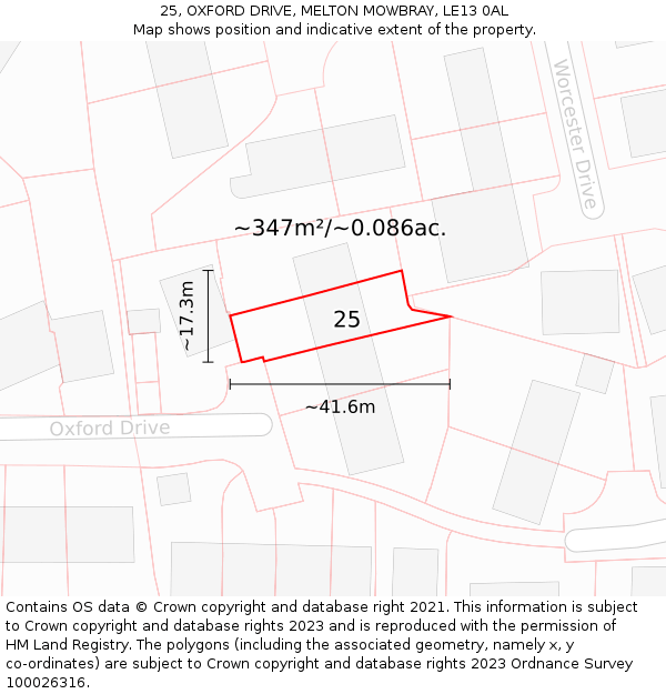 25, OXFORD DRIVE, MELTON MOWBRAY, LE13 0AL: Plot and title map